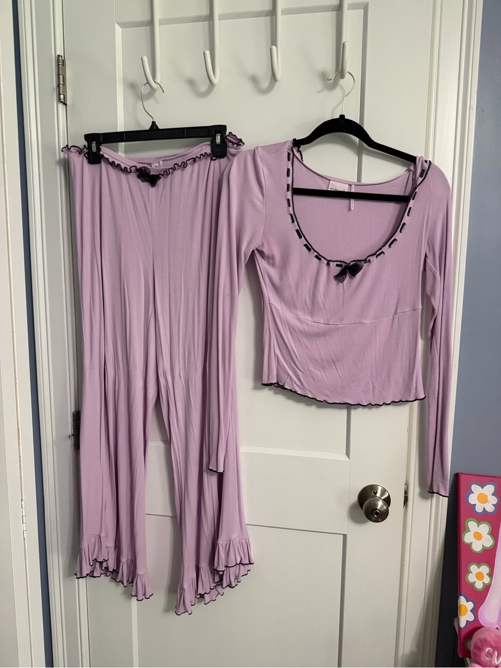Urban Outfitters Lavender Ribbed Long-Sleeve Pajama Set with Black Trim